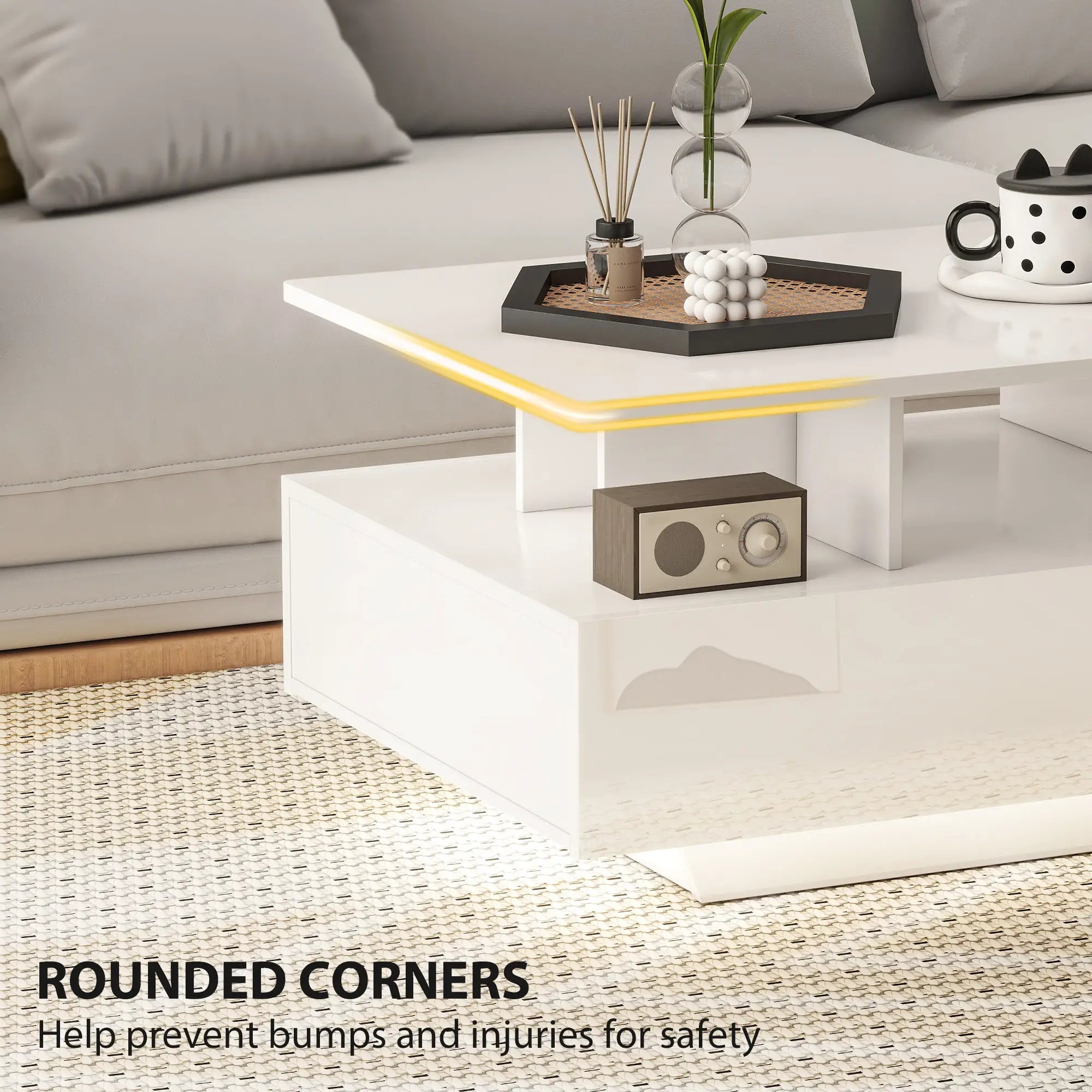 Modern Coffee Table with RGB LED Lights, 4 Drawers, Open Shelf, Remote, High Gloss White, White Coffee Tables at Gallery Canada