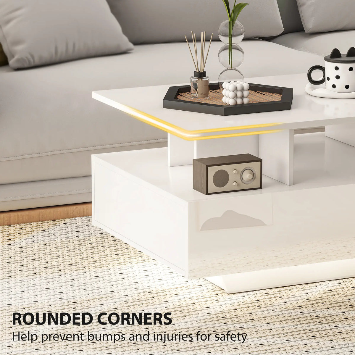 Modern Coffee Table with RGB LED Lights, 4 Drawers, Open Shelf, Remote, High Gloss White, White Coffee Tables at Gallery Canada
