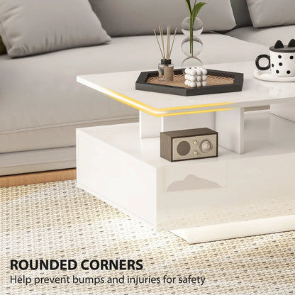 Modern Coffee Table with RGB LED Lights, 4 Drawers, Open Shelf, Remote, High Gloss White, White Coffee Tables at Gallery Canada