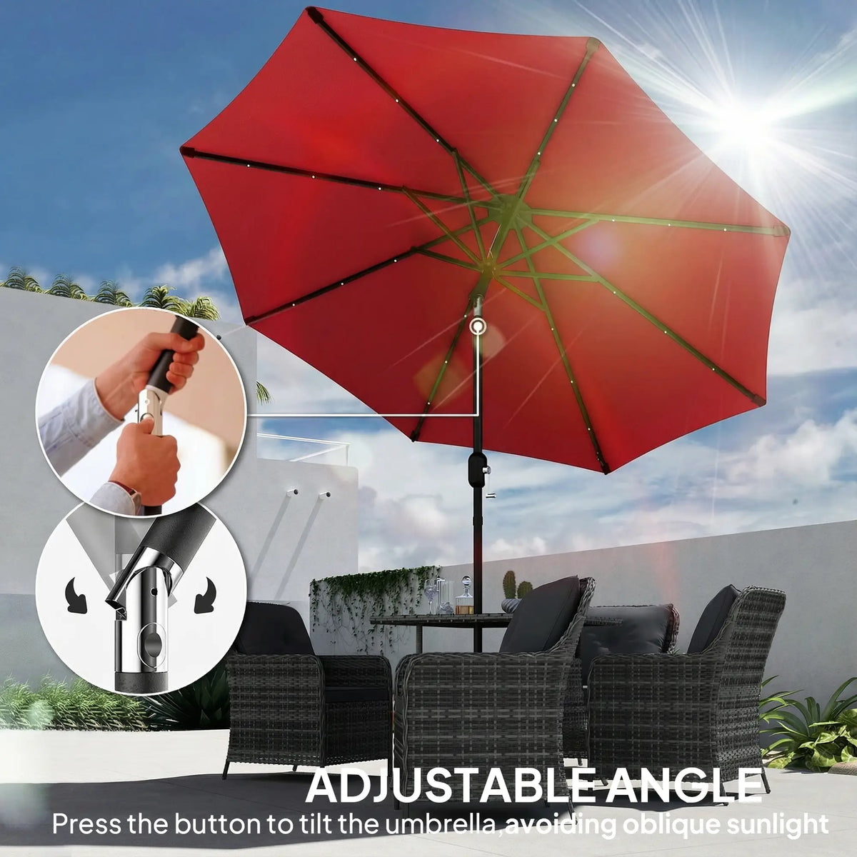 9ft Solar Patio Umbrella, 24 LED Lights, Tilt, Wine Red Sun Umbrellas at Gallery Canada