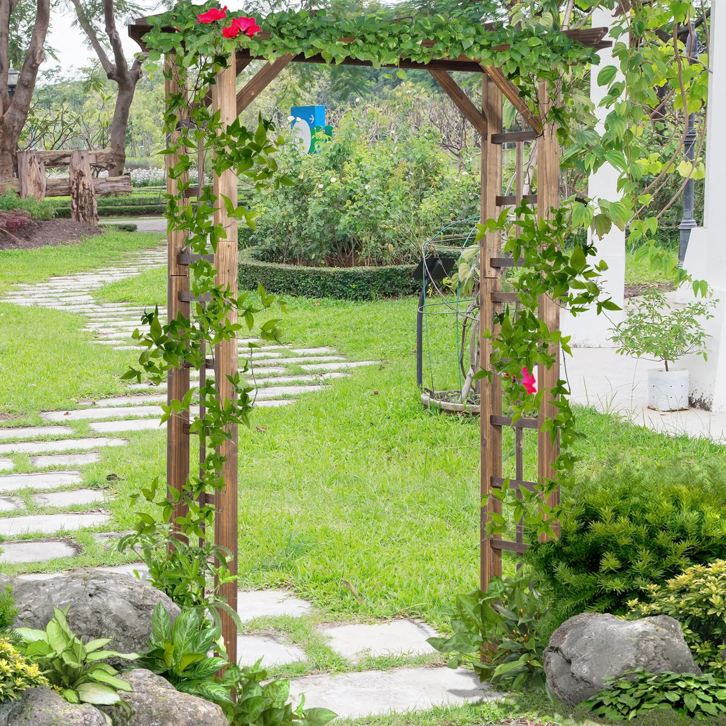 85" Wooden Garden Arbour, Arch Trellis for Climbing Vines, Carbonized Garden Arches at Gallery Canada