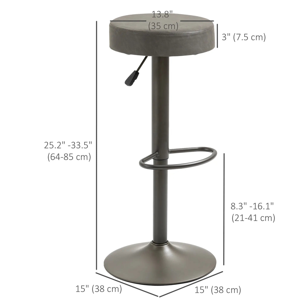 Adjustable Bar Stools Set of 2, Swivel with Footrest, PU Leather Round Top, Dark Grey Bar Stools at Gallery Canada