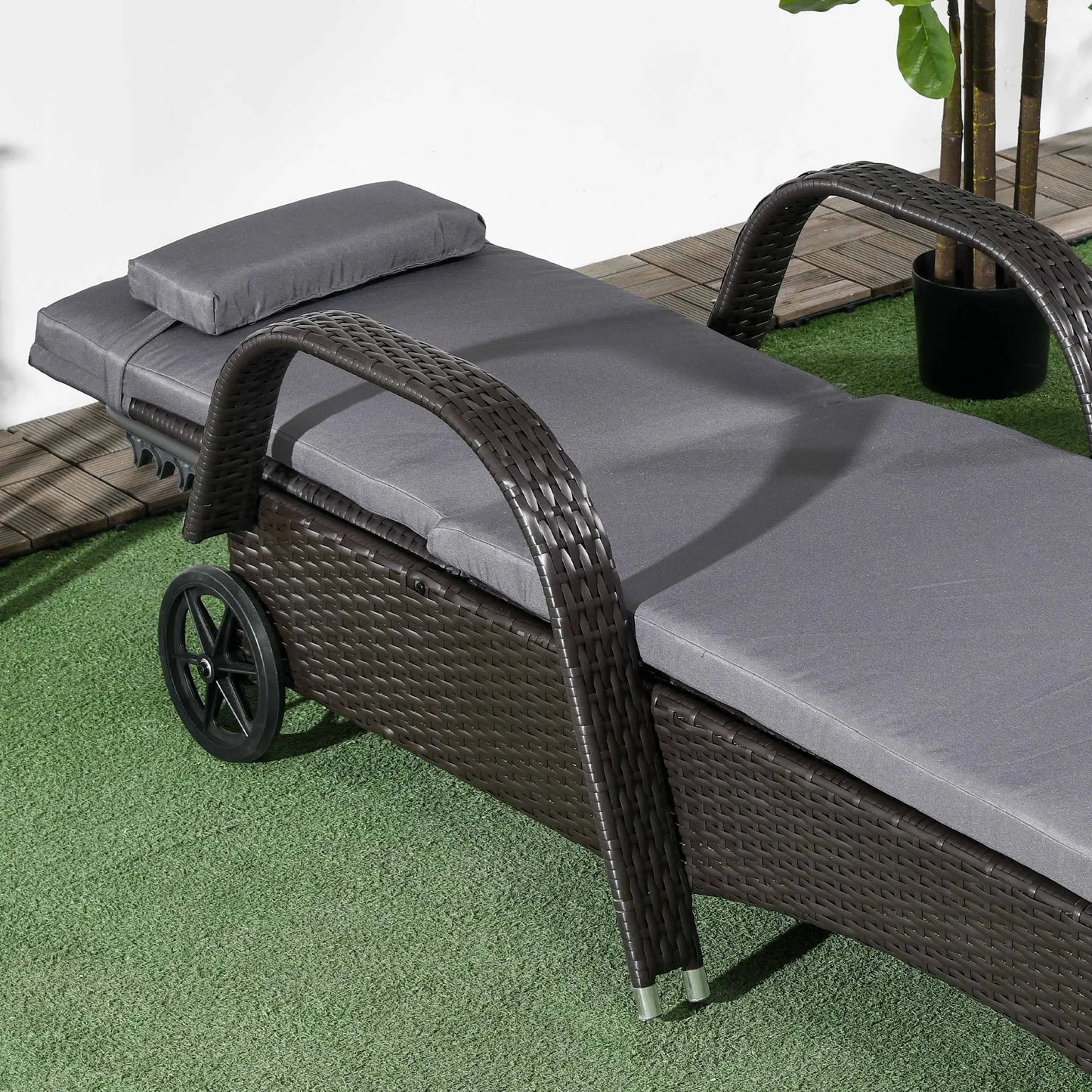 Outdoor Lounger, Adjustable Deck Chair, Headrest, Wheels, Deep Coffee, Med Grey, Coffee, Grey Chaise Loungers at Gallery Canada