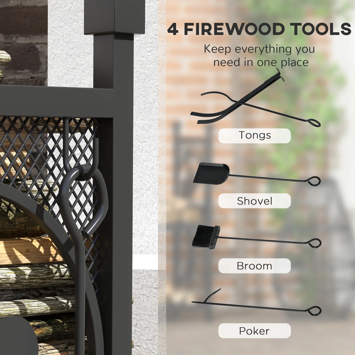 2-Tier Firewood Rack, Shovel, Broom, Poker, Tongs, 21.7" x 12.6" x 30.3", Black Firewood Racks at Gallery Canada