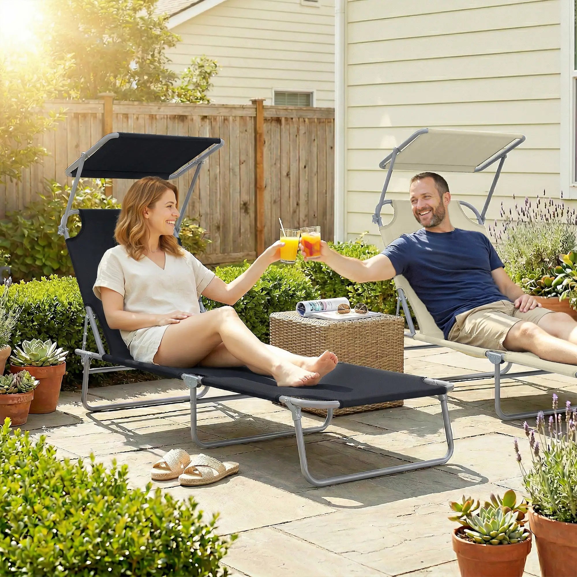 Adjustable Folding Chaise Lounge, Outdoor Tanning Chair with Sun Shade, Black Lounger Chairs at Gallery Canada