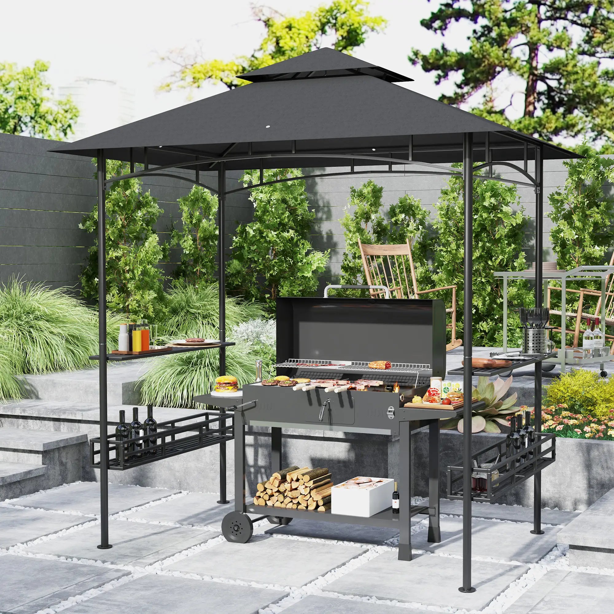 8' x 5' BBQ Gazebo, 2-Tier With Shelves, Storage Basket, Dark Grey BBQ Grill Gazebos at Gallery Canada