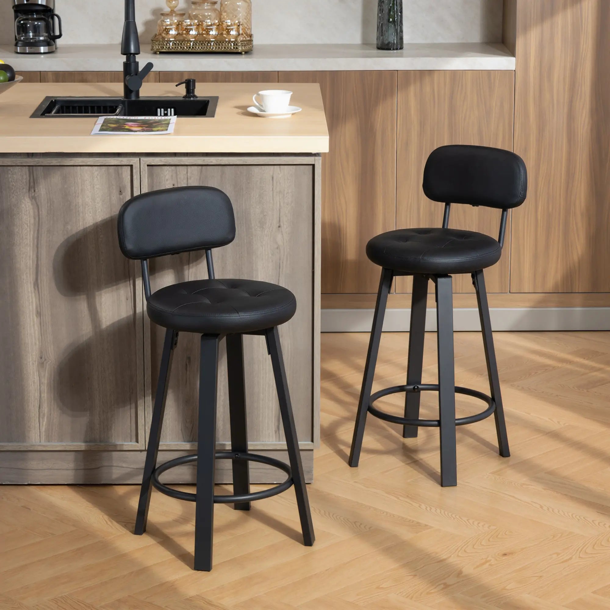 Upholstered Bar Stools Set Of 2, With Footrest And Backrest, Black Bar Stools at Gallery Canada