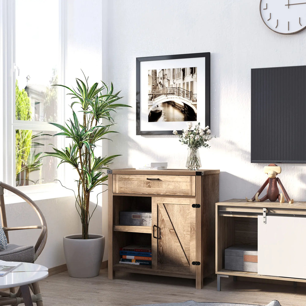 Rustic Barn Door Storage Cabinet, Modern Farmhouse Buffet Sideboard, Light Oak Bar Cabinets at Gallery Canada