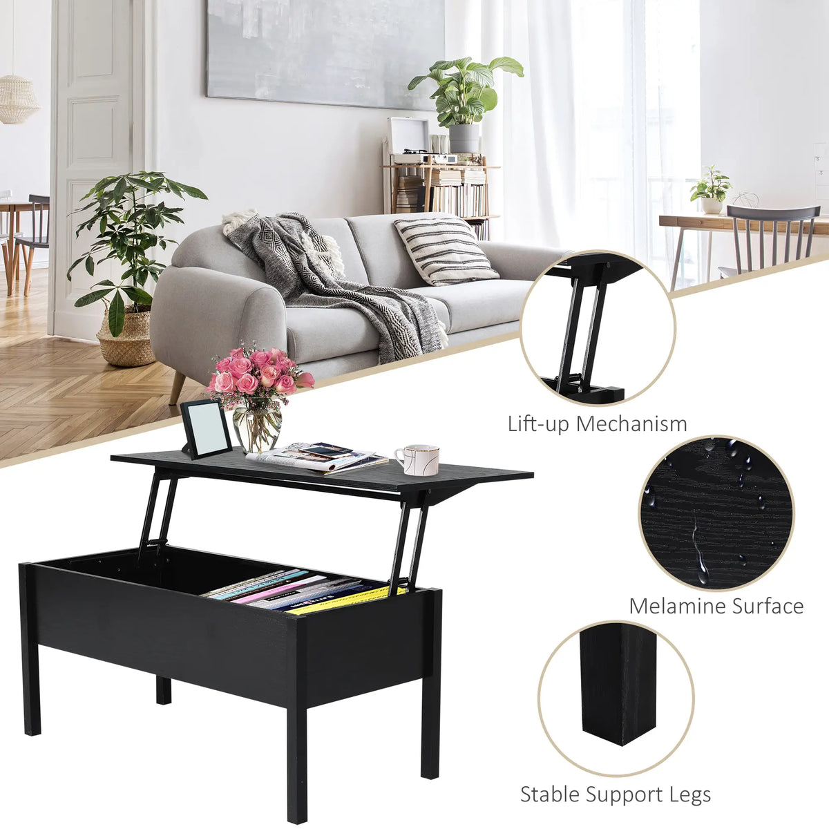 39" Lift Top Coffee Table, Hidden Storage, Living Room, Black Coffee Tables at Gallery Canada
