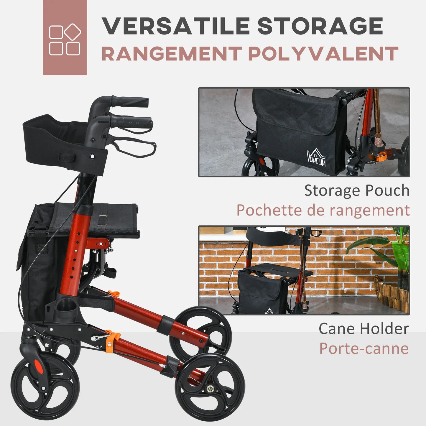Senior Rollator with Seat, Back, Cane Holder, Adjustable Handle, Red Knee Walker & Wheelchair Ramps at Gallery Canada