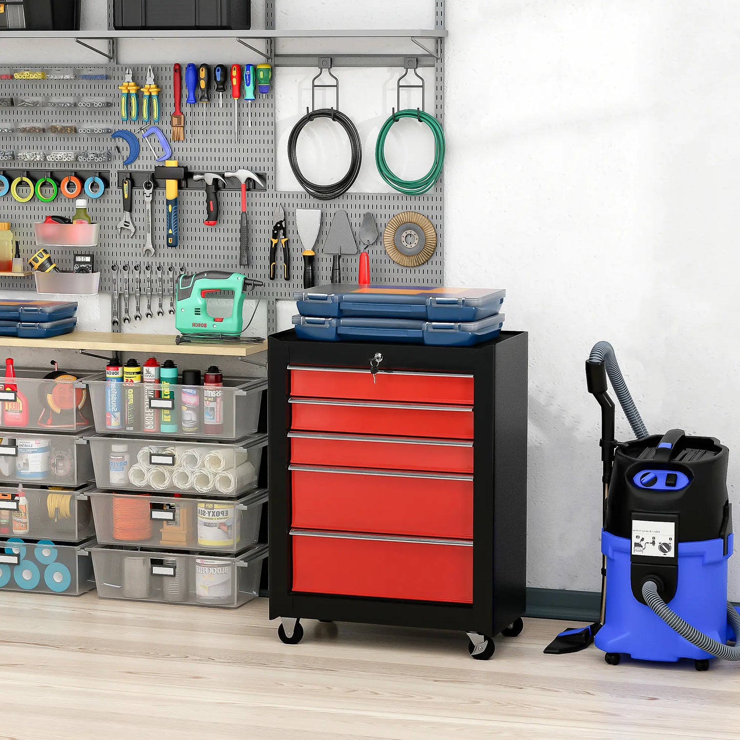 5-Drawer Rolling Tool Chest, Lockable Tool Cabinet, 4 Wheels, Black, Red