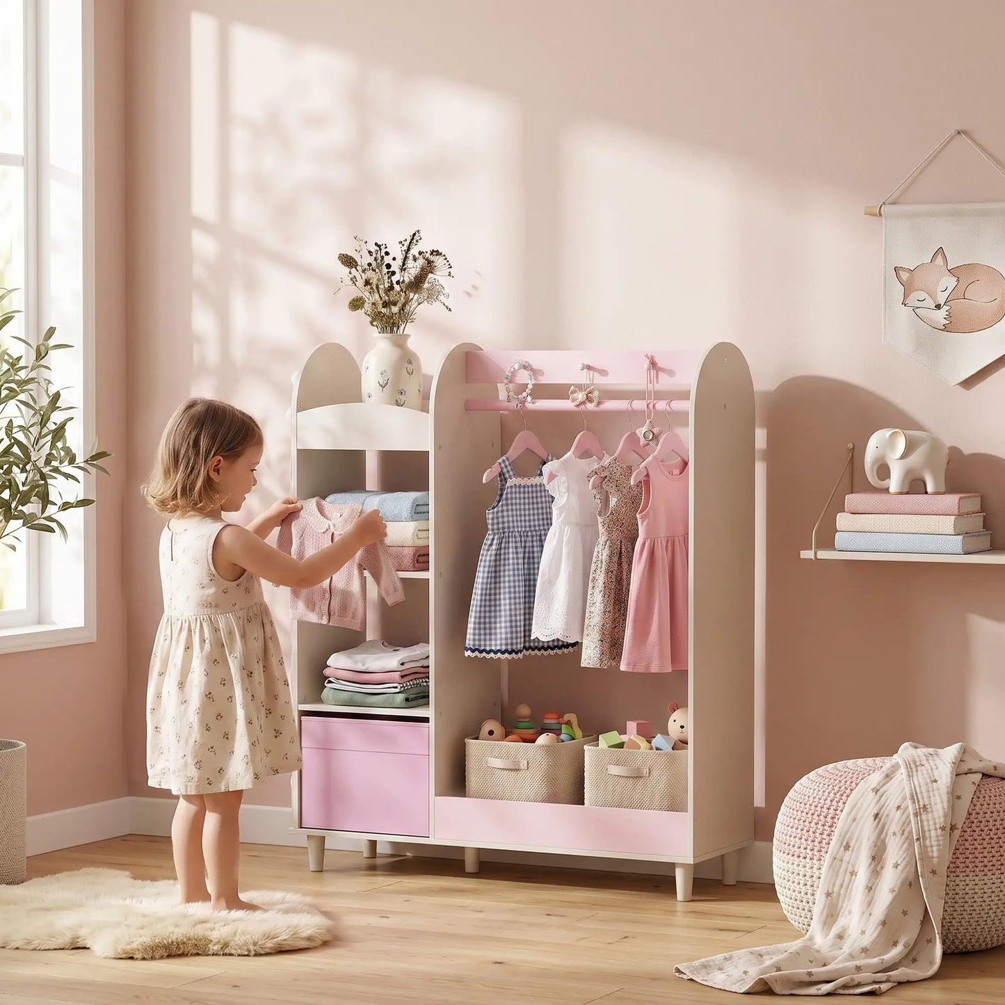 Kids Clothing Rack with Mirror, Drawer & Shelves, Pink Kids Bedroom Furniture at Gallery Canada