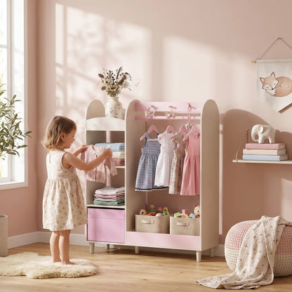 Kids Clothing Rack with Mirror, Drawer & Shelves, Pink Kids Bedroom Furniture at Gallery Canada
