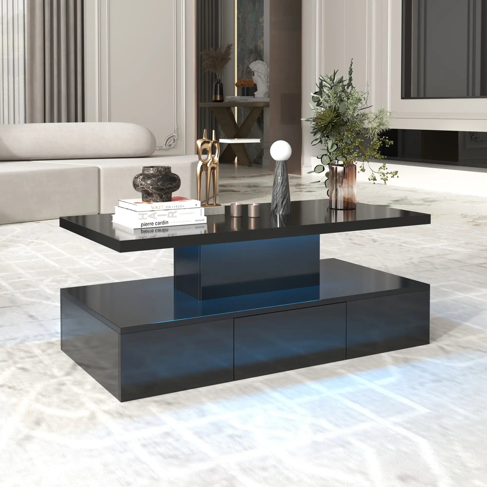 High-Gloss Coffee Table, Hidden Drawer, 39.5