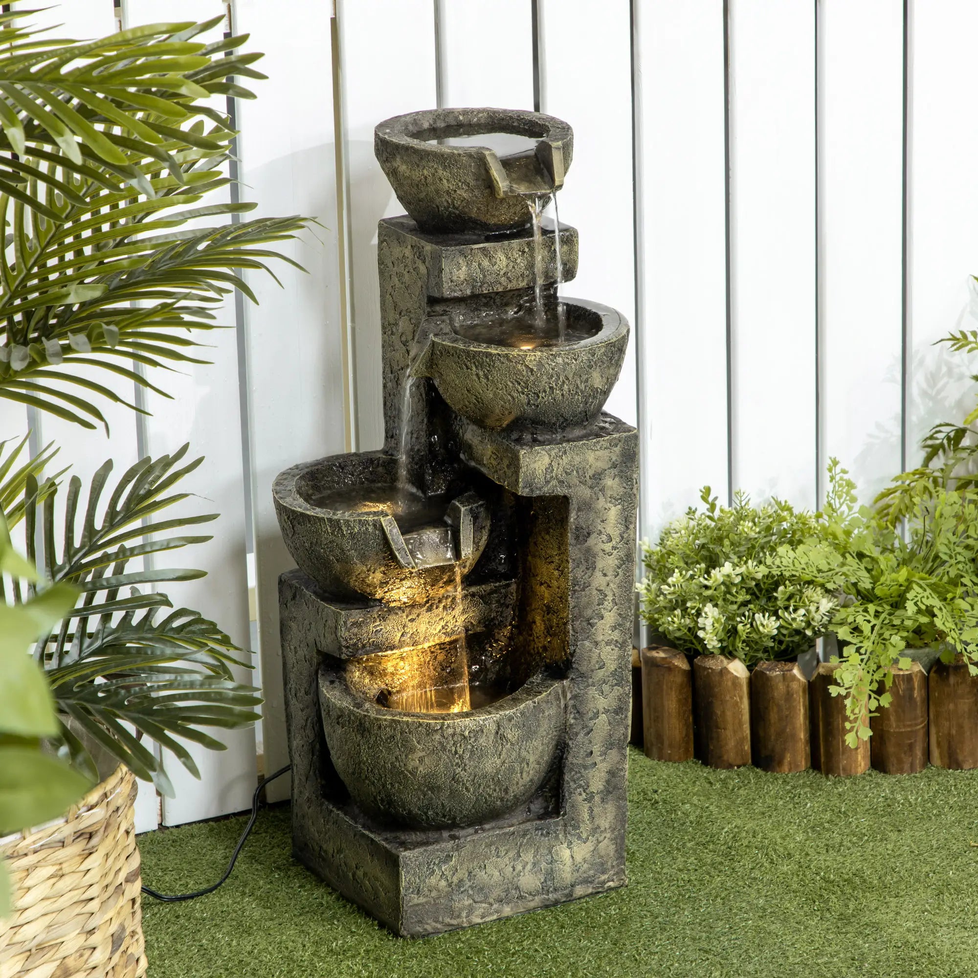 Outdoor Fountain, 4-Tier Stone Look Bowls, Adjustable Flow, LED Lights Water Fountains at Gallery Canada