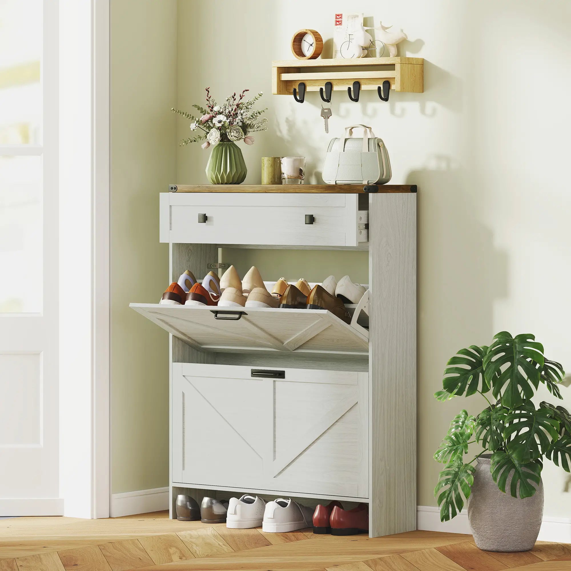 Narrow Shoe Storage Cabinet, 2 Flip Drawers, 1 Drawer, 12 Pairs, White Shoe Storage Cabinets & Racks at Gallery Canada