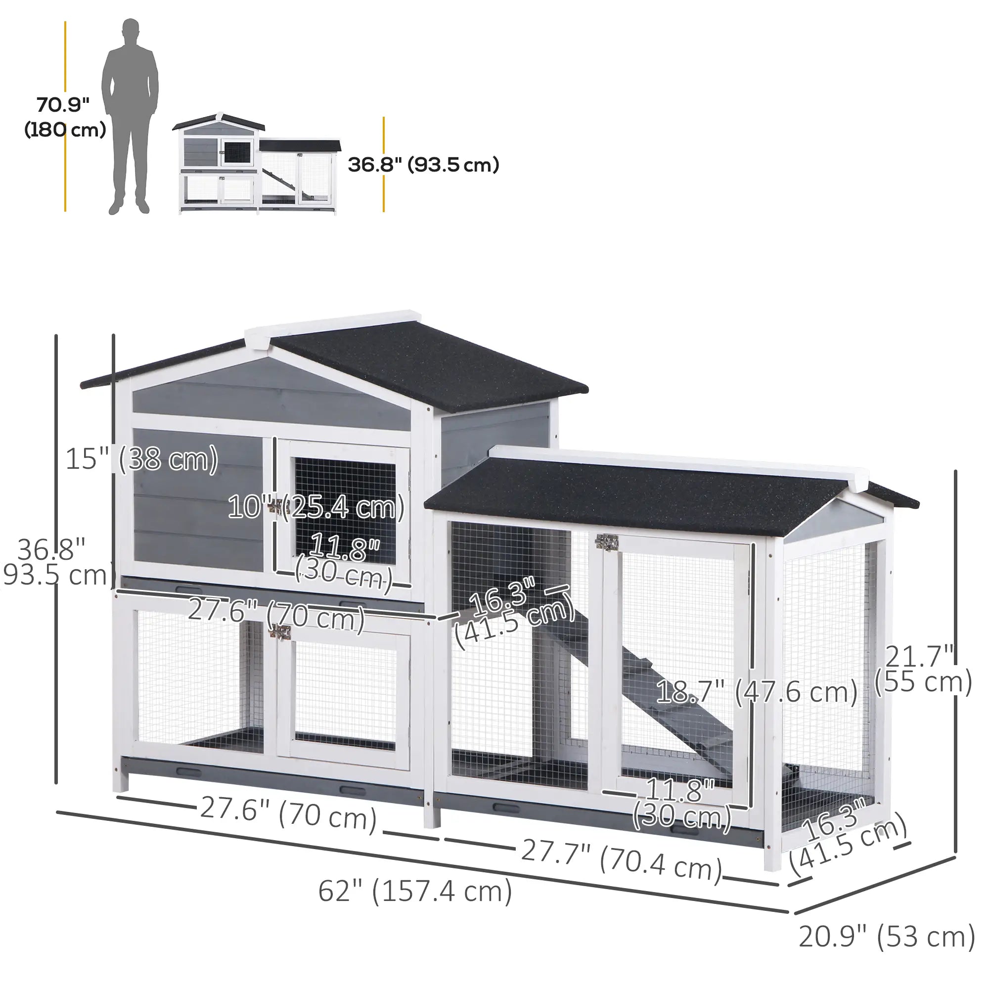 2-Tier Wooden Rabbit Hutch With Ramp, Outdoor Run, Grey Rabbit Hutch at Gallery Canada