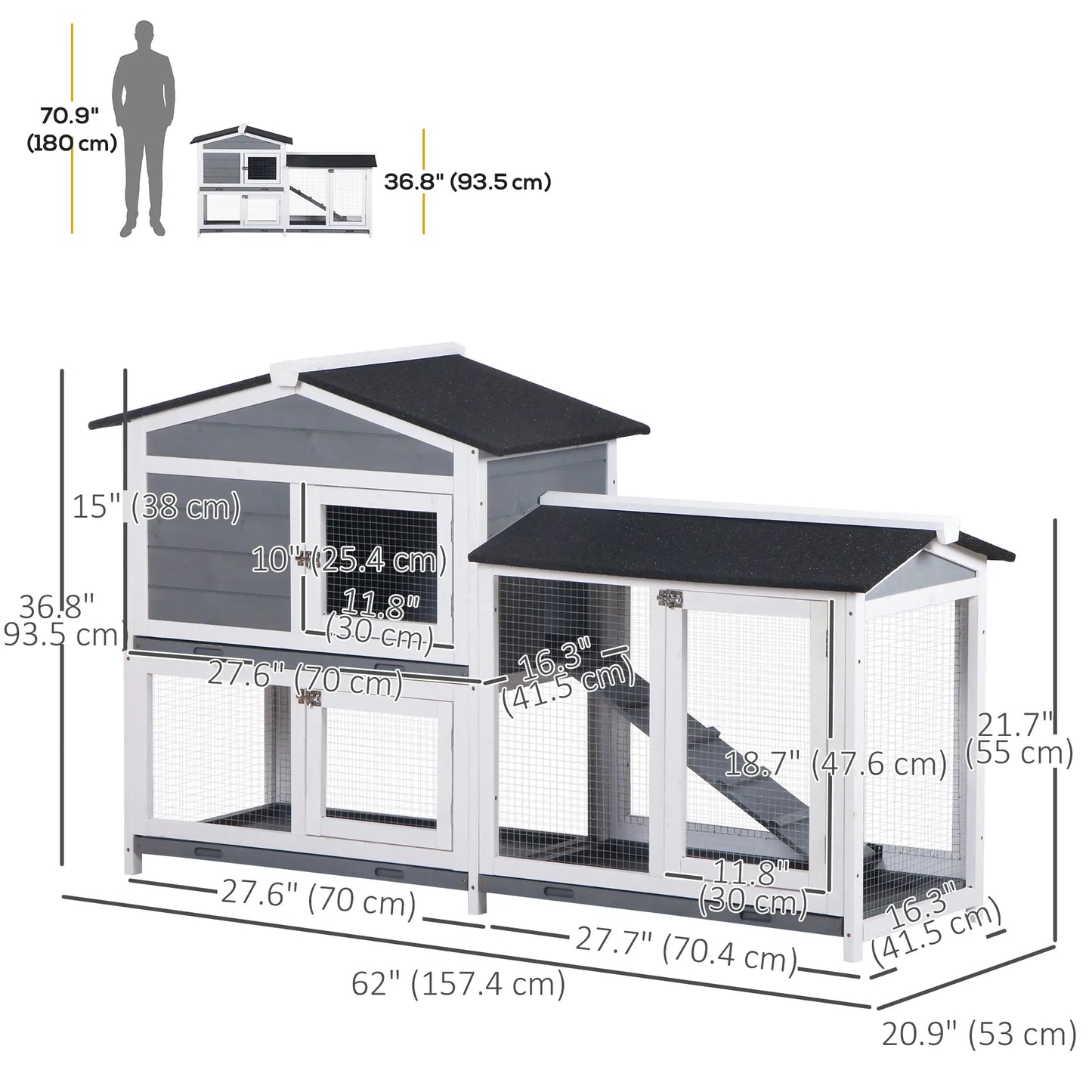2-Tier Wooden Rabbit Hutch With Ramp, Outdoor Run, Grey Rabbit Hutch at Gallery Canada