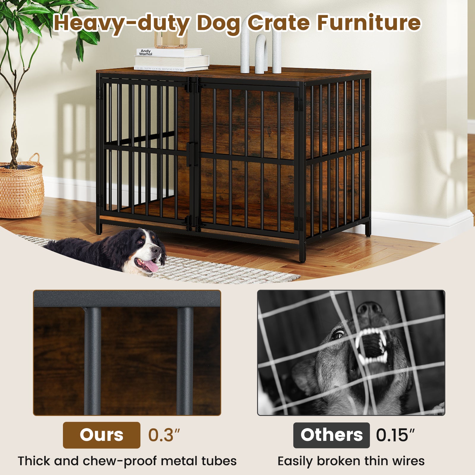 40 Inch Dog Crate Furniture, Dual Lockable Doors, Rustic Brown Dog Kennels at Gallery Canada