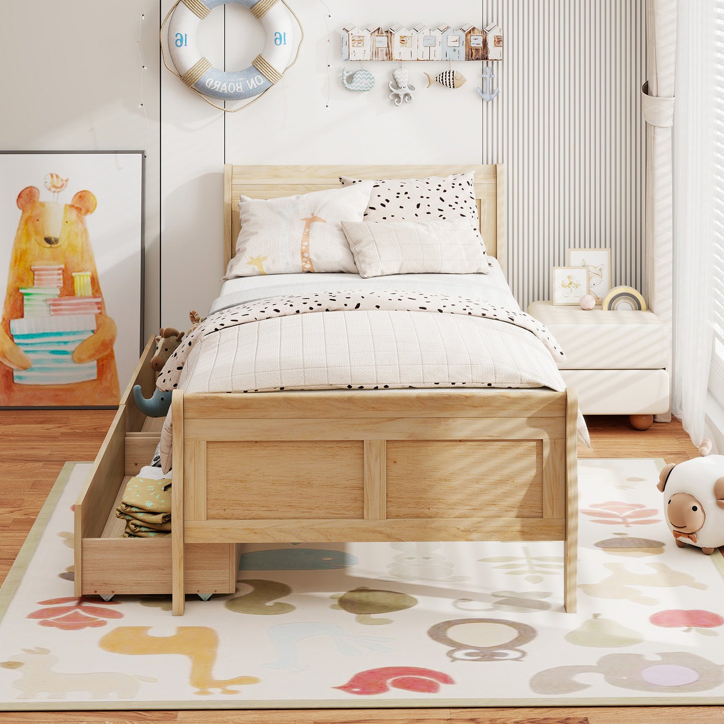 Twin Sleigh Bed With 2 Storage Drawers, Wood Platform Frame, Natural Simple Bed Frame at Gallery Canada