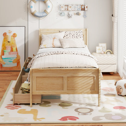 Twin Sleigh Bed With 2 Storage Drawers, Wood Platform Frame, Natural Simple Bed Frame at Gallery Canada