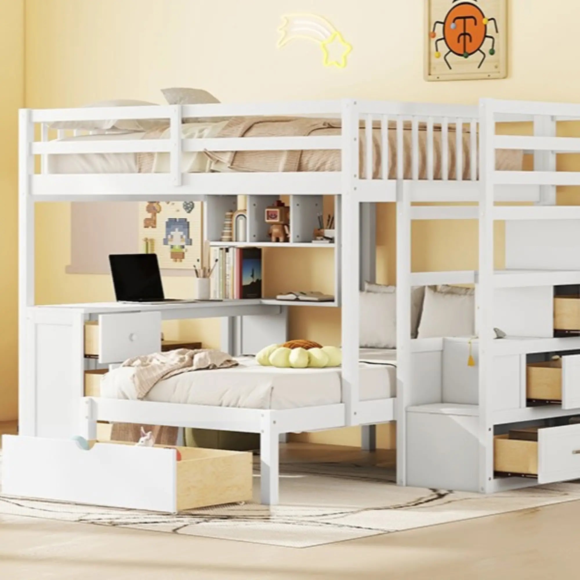 Over Twin Bunk Bed with Desk, Drawers, Shelves, 98