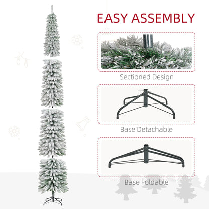 9ft Snow-Flocked Artificial Christmas Tree, Slim Pencil, Metal Base, Green Flocked Christmas Trees at Gallery Canada