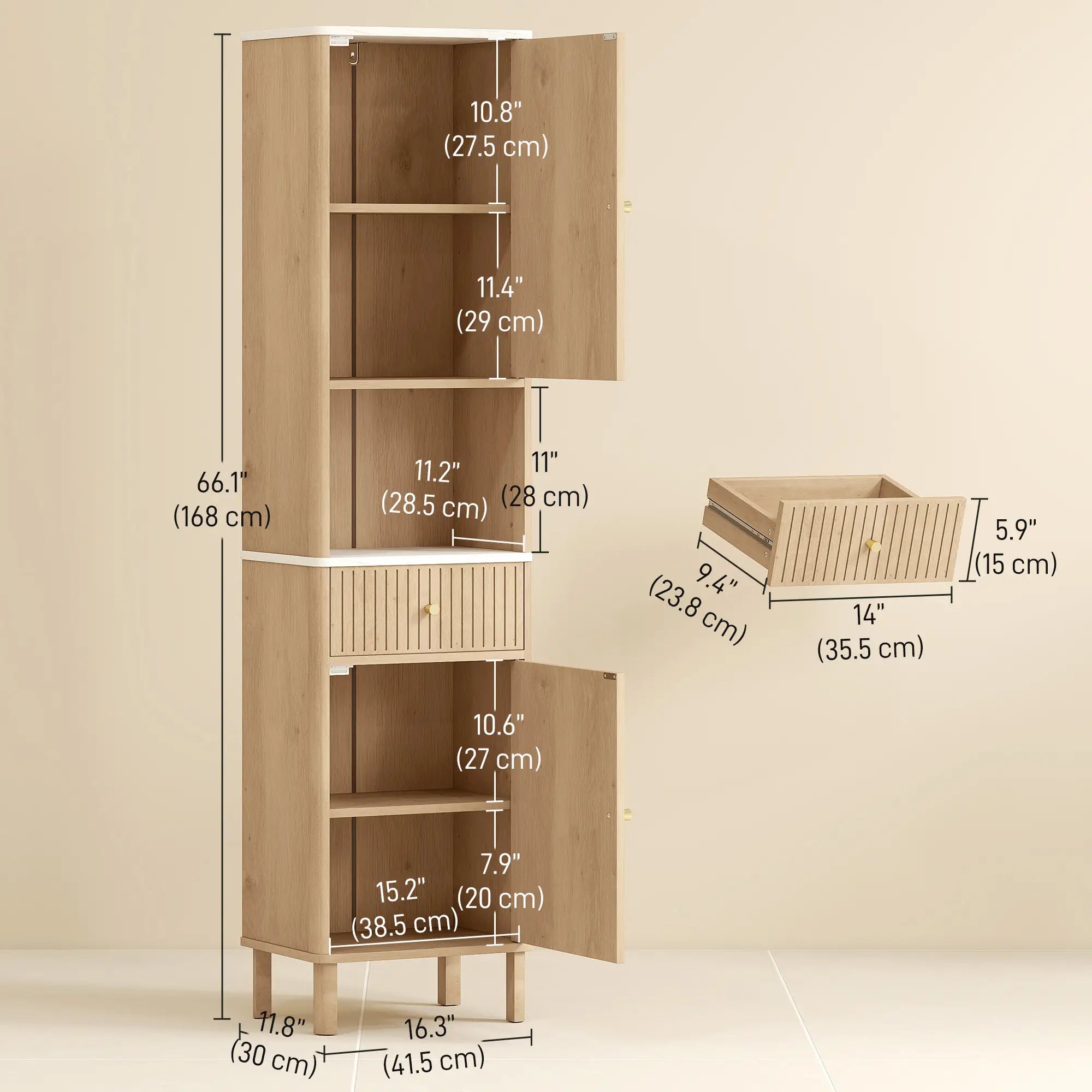 66 in Tall Bathroom Cabinet With Drawer, Oak Freestanding Bathroom Cabinets at Gallery Canada