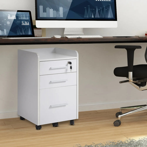3 Drawer File Cabinet with Lock, Lockable on Wheels, Letter and A4 Size, White