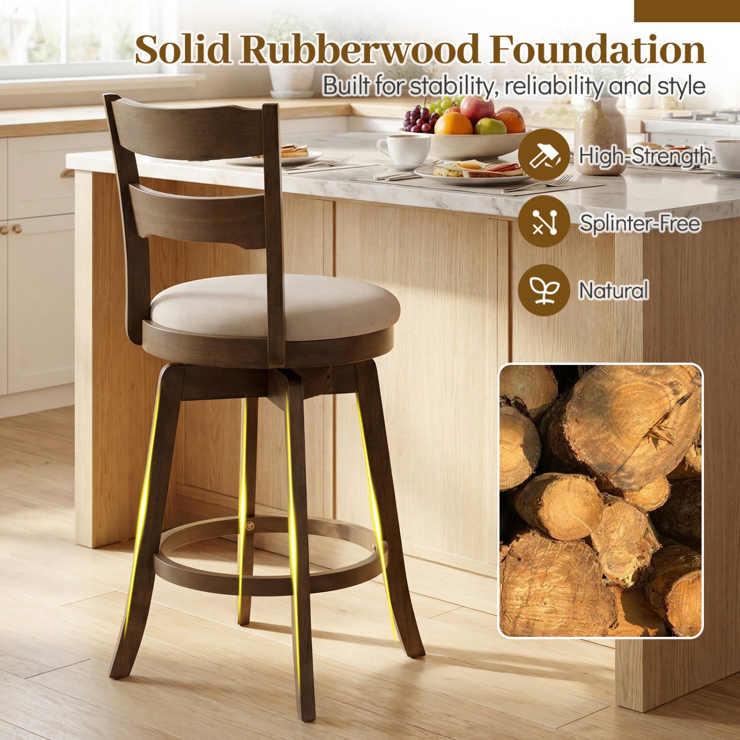 30.5 Inch Swivel Barstools with Backrest & Upholstered Seat-Set of 2, Taupe Bar Stools at Gallery Canada
