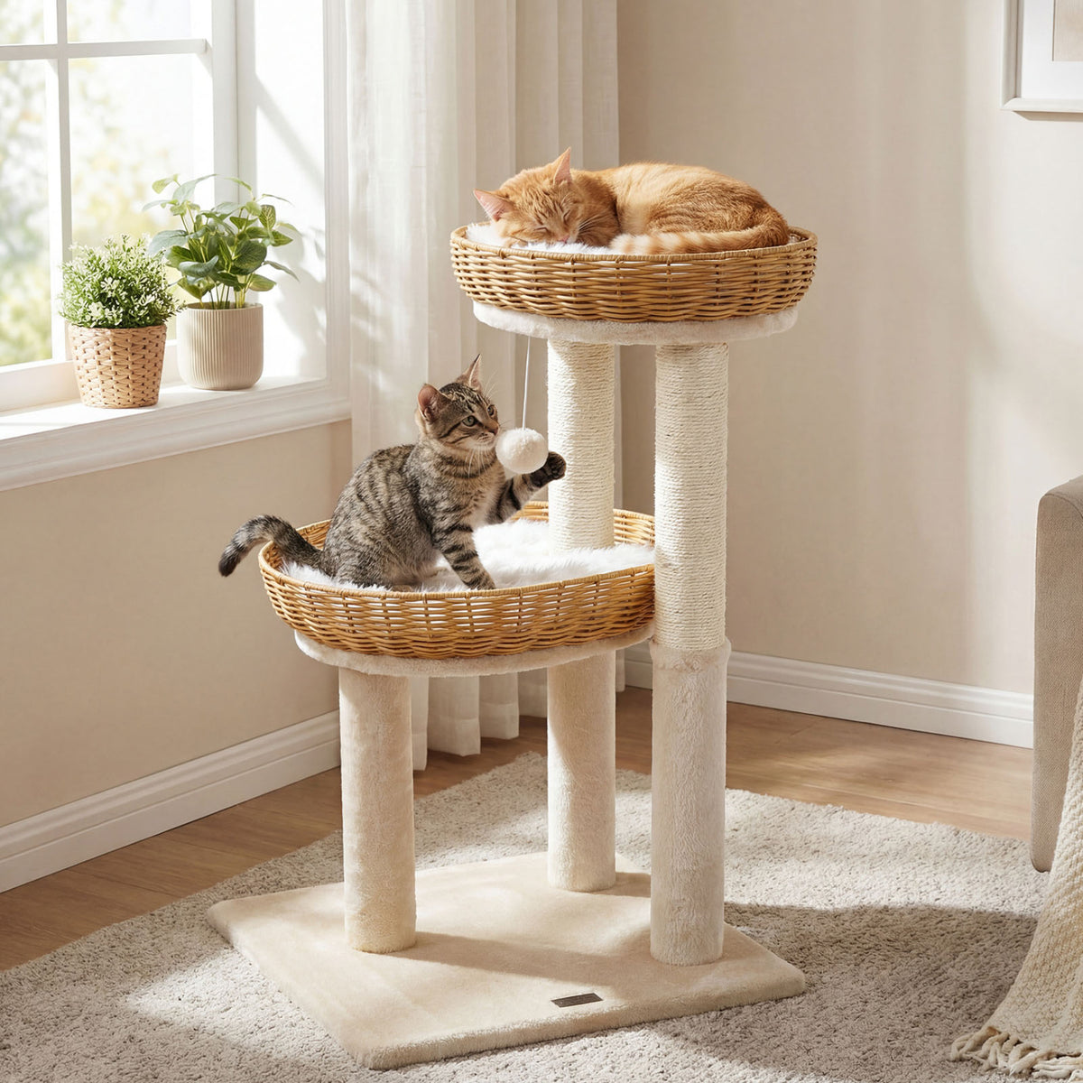 30-Inch Cat Tower With 2 Rattan Cat Baskets, Beige Cat Trees Condos & Scratchers at Gallery Canada