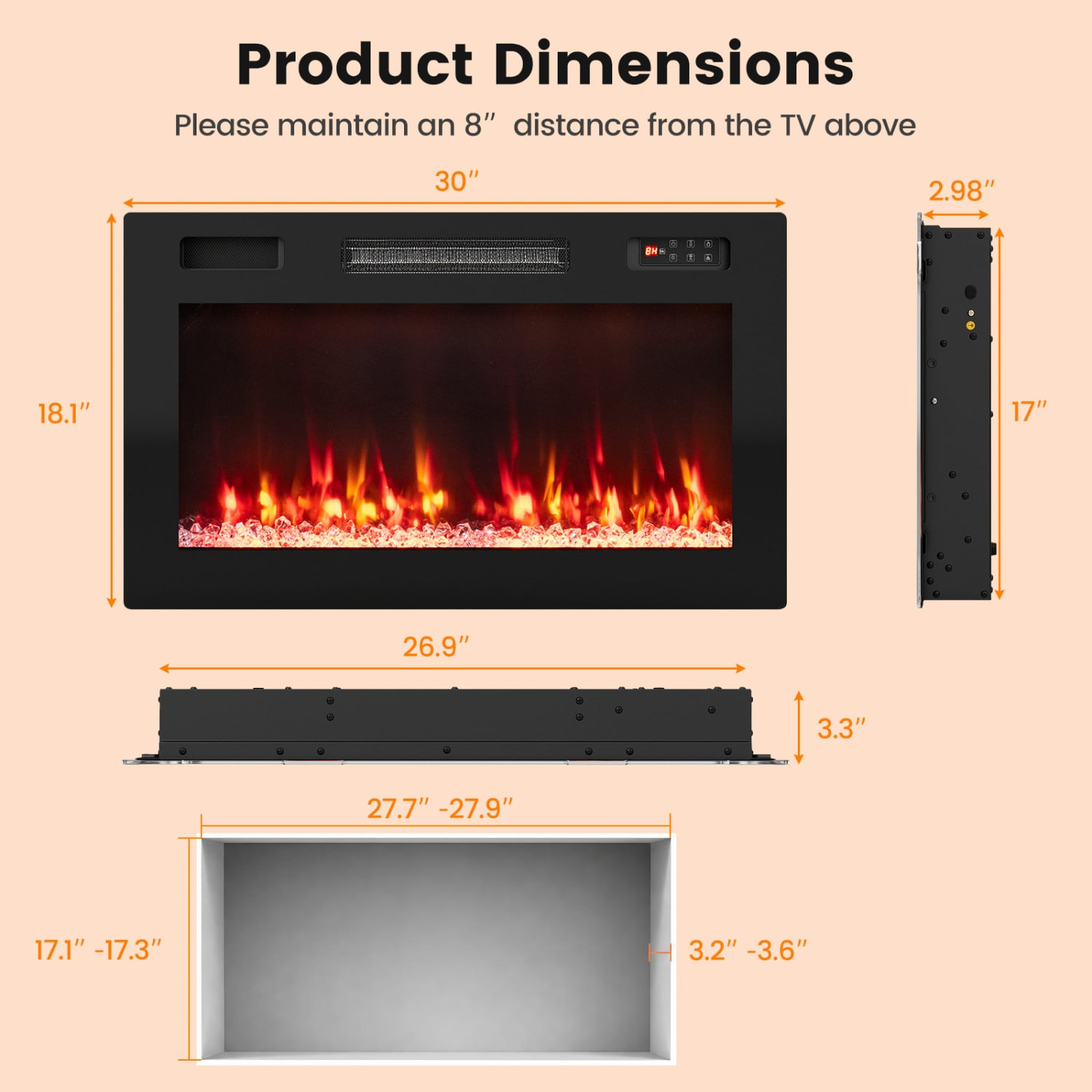 30 Inch Smart WiFi Electric Fireplace, Recessed, Wall Mounted Fireplaces at Gallery Canada