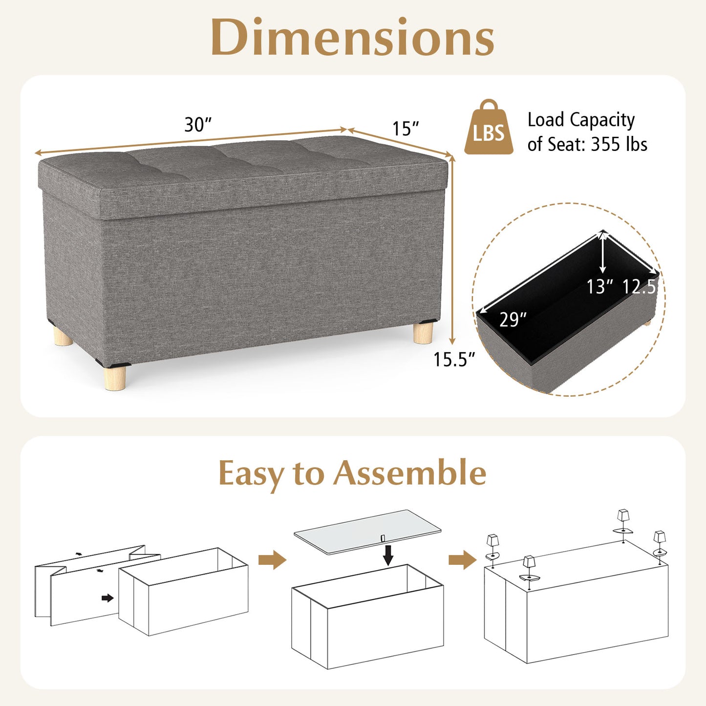 30 Inches Storage Ottoman Bench with Tray and Rubber Wood Legs, Gray Shoe Racks & Storage Benches at Gallery Canada