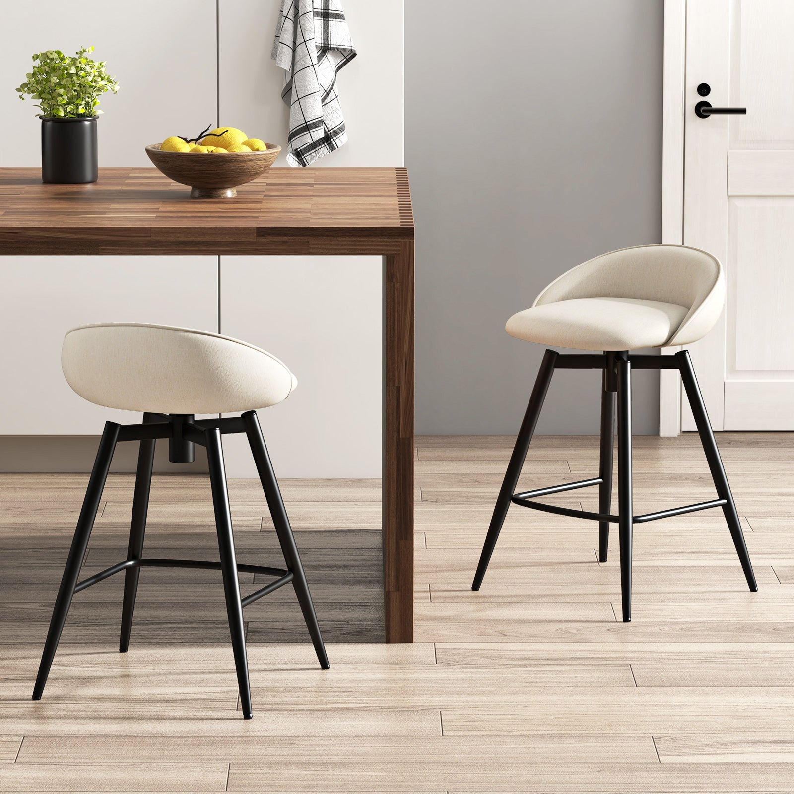 Upholstered Bar Stools Set of 2, Footrest and Backrest, Beige Bar Stools at Gallery Canada