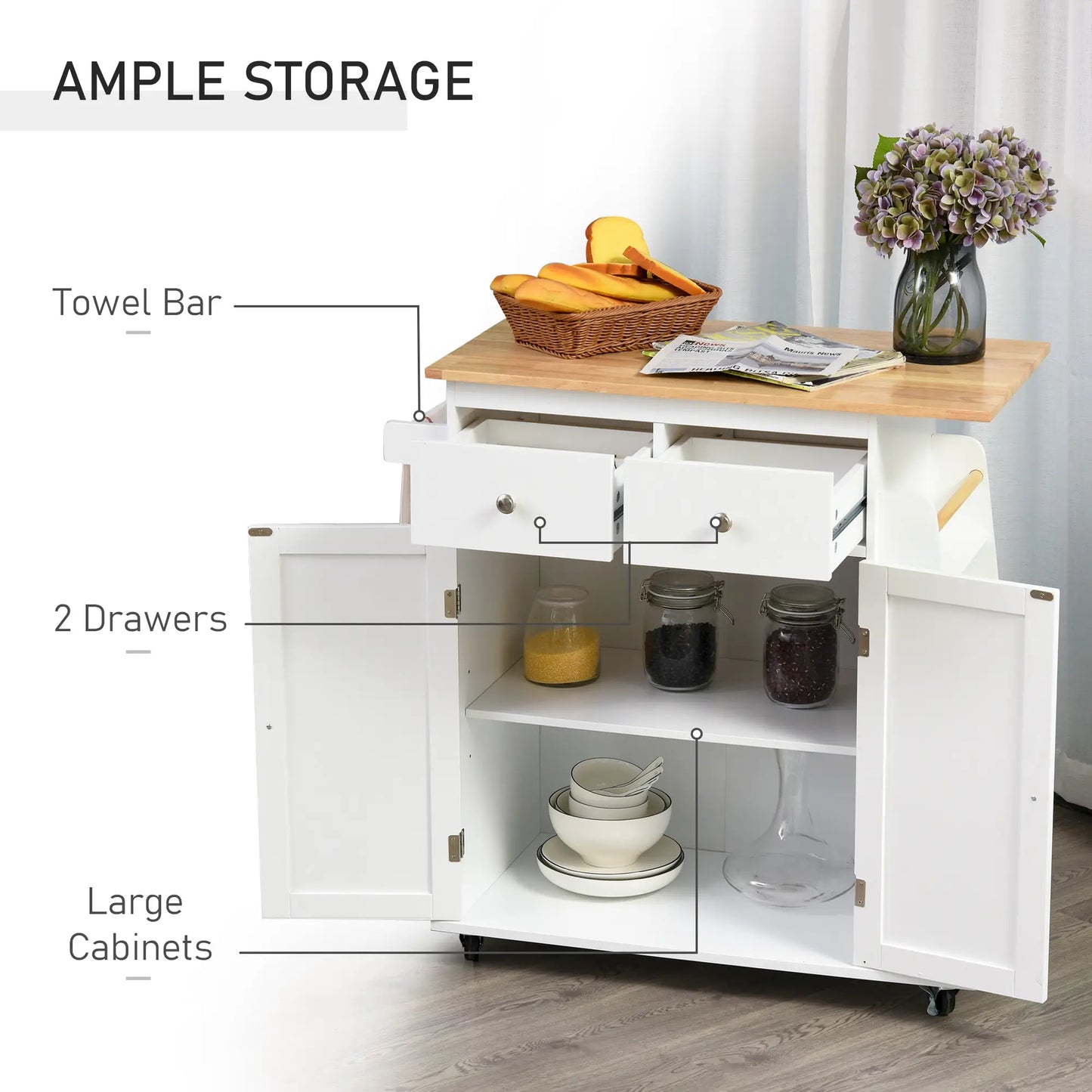 Rolling Kitchen Island Cart, Rubber Wood Top, 3-Tier Spice Rack, White Kitchen Islands & Kitchen Carts at Gallery Canada