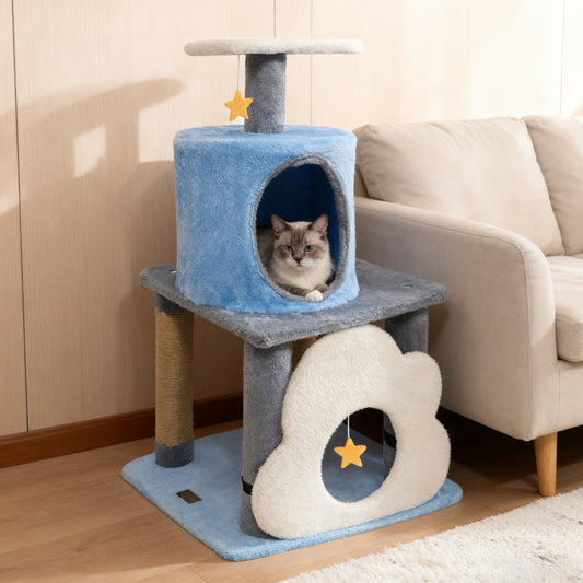 31.5" Cute Modern Cat Tree Multi-Level Kitten Tower, Blue Cat Trees Condos & Scratchers Blue at Gallery Canada