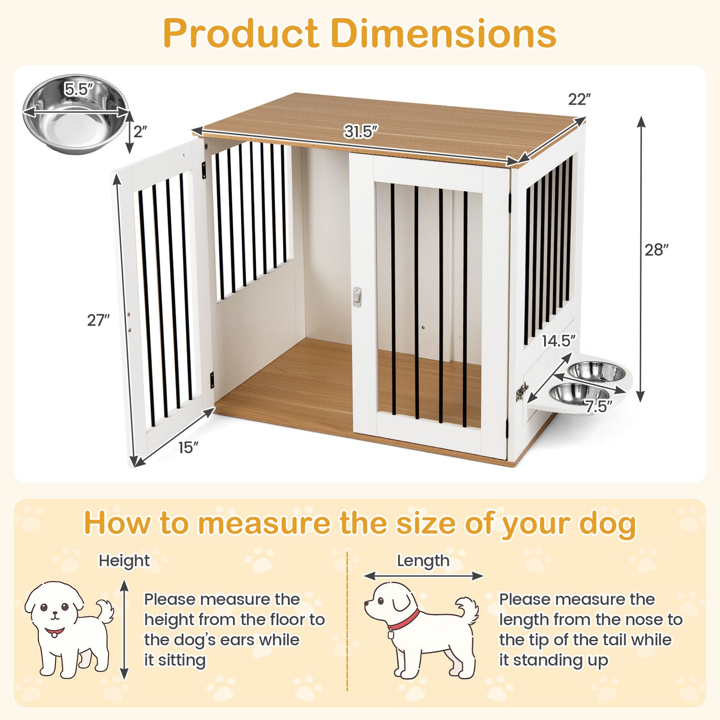 31.5” Wooden Dog Crate Furniture, Double Lock Doors, White Dog Kennels at Gallery Canada