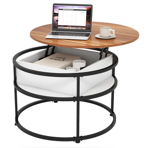 31.5 Inch Round Lift Top Coffee Table with Hidden Compartment and Side Shelves, Teak