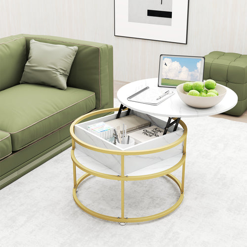 31.5 Inch Round Lift Top Coffee Table with Hidden Compartment and Side Shelves, White