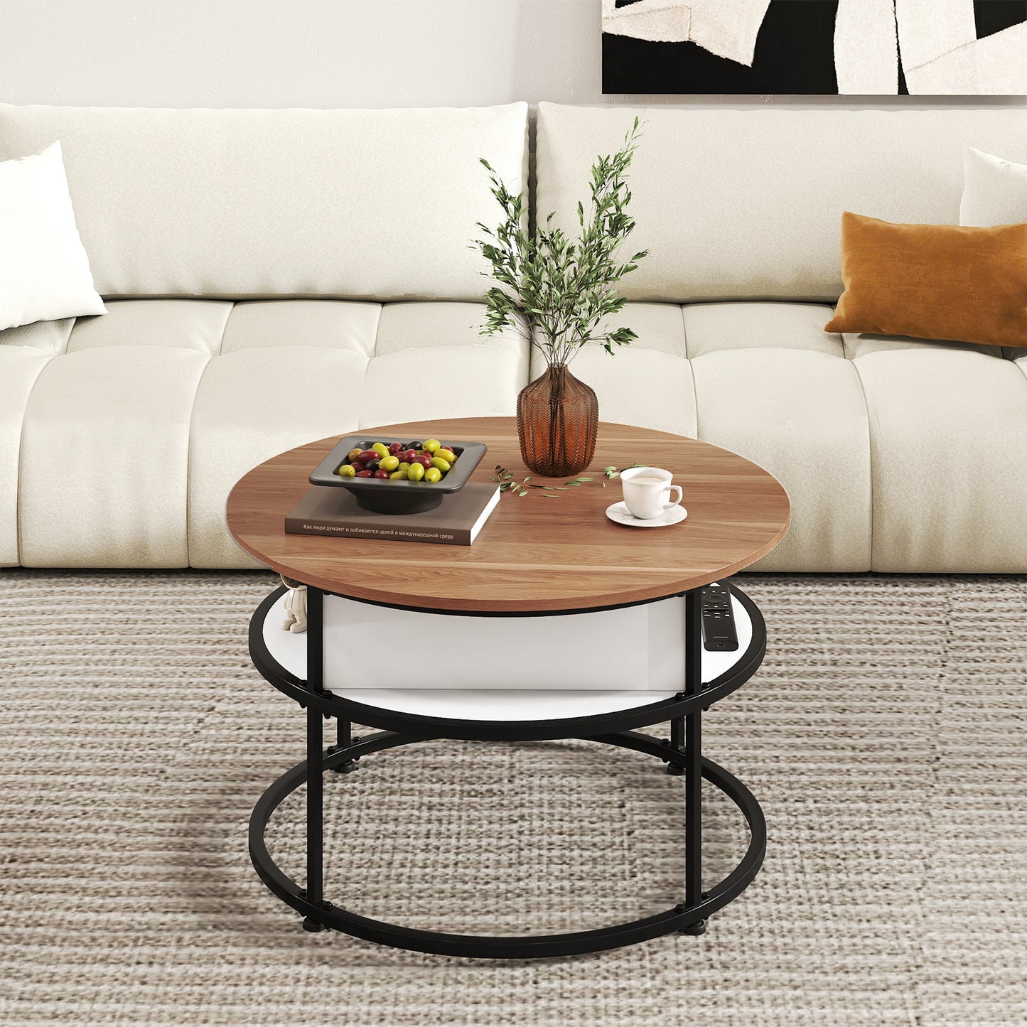 31.5 Inch Round Lift Top Coffee Table with Hidden Compartment and Side Shelves, Teak Coffee Tables at Gallery Canada