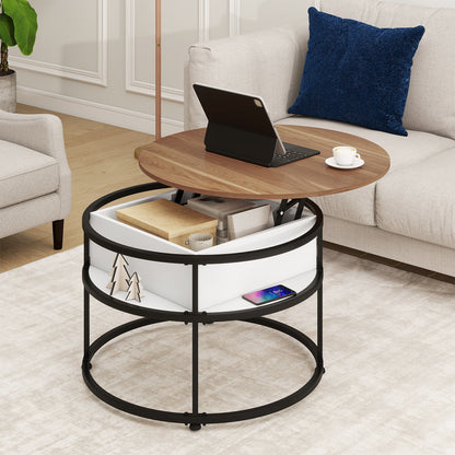 31.5 Inch Round Lift Top Coffee Table with Hidden Compartment and Side Shelves, Teak Coffee Tables at Gallery Canada