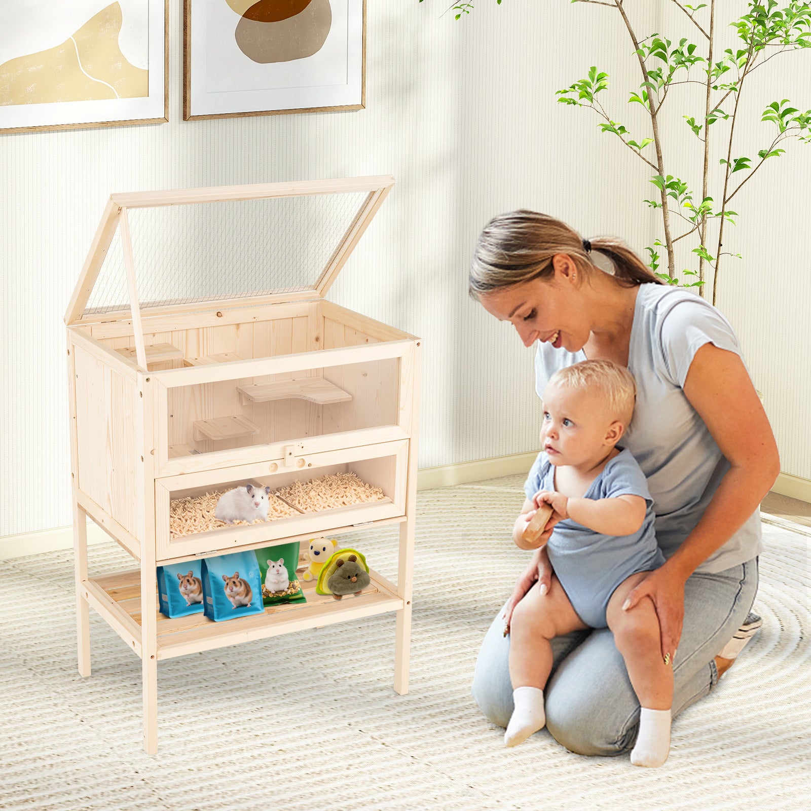 31.5 Inch Freestanding Hamster Cage, Wooden Habitat Playpen, Natural Pets at Gallery Canada