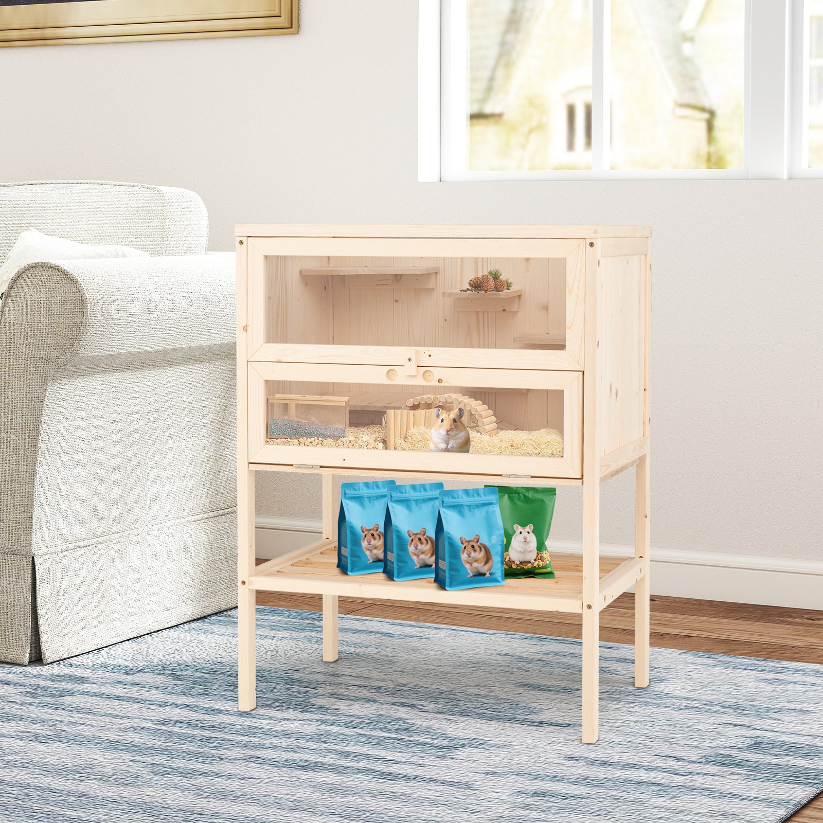 31.5 Inch Freestanding Hamster Cage, Wooden Habitat Playpen, Natural Pets at Gallery Canada