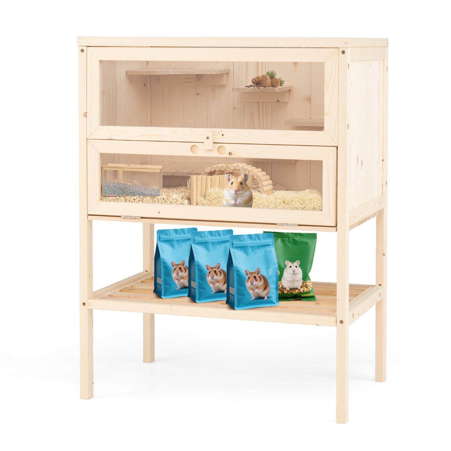 31.5 Inch Freestanding Hamster Cage, Wooden Habitat Playpen, Natural Pets at Gallery Canada