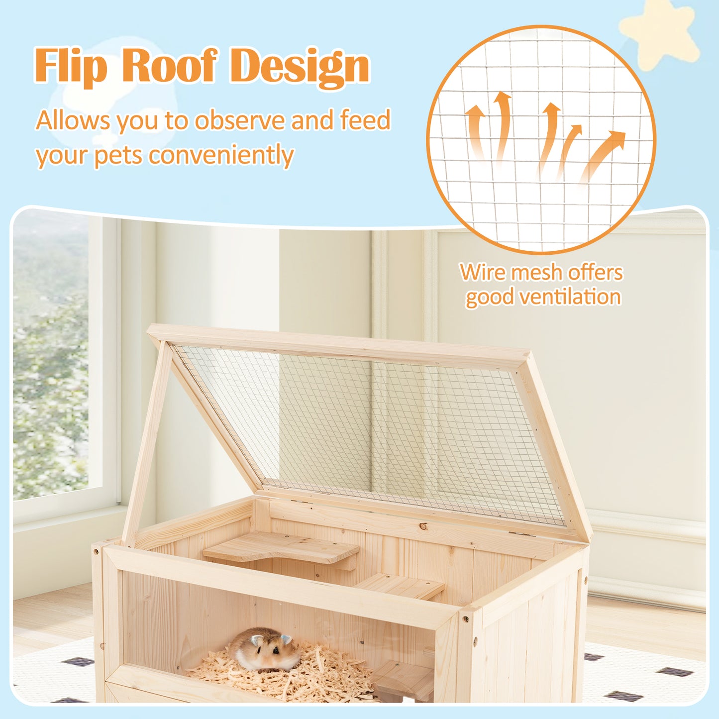 31.5 Inch Freestanding Hamster Cage, Wooden Habitat Playpen, Natural Pets at Gallery Canada