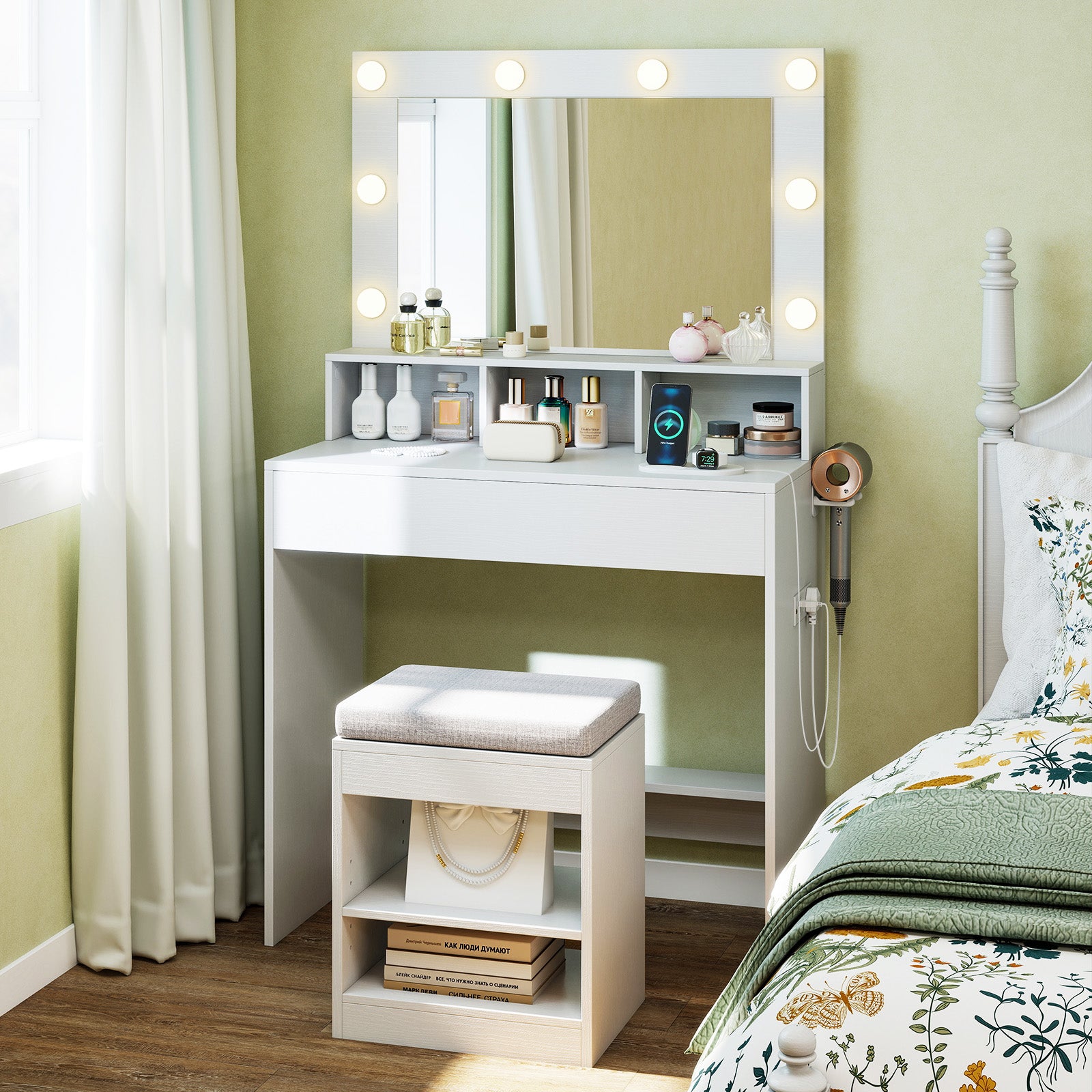 31.5 Inches Vanity Desk, 3 Lighting Modes, Storage Shelves, White Makeup Vanities at Gallery Canada