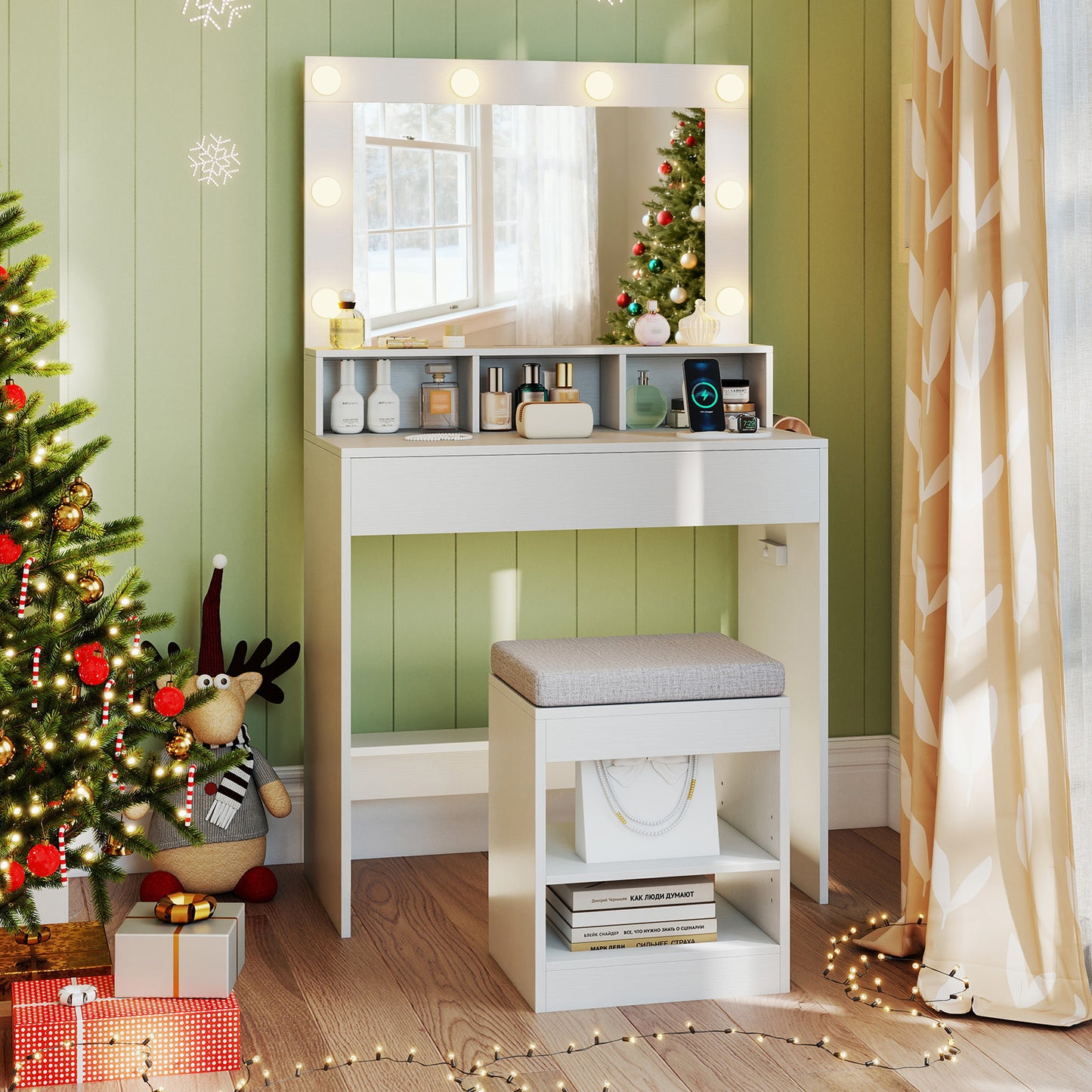 31.5 Inches Vanity Desk, 3 Lighting Modes, Storage Shelves, White Makeup Vanities at Gallery Canada