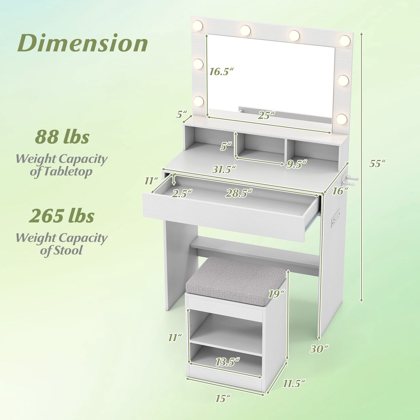 31.5 Inches Vanity Desk, 3 Lighting Modes, Storage Shelves, White Makeup Vanities at Gallery Canada