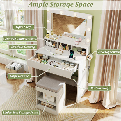 31.5 Inches Vanity Desk, 3 Lighting Modes, Storage Shelves, White Makeup Vanities at Gallery Canada