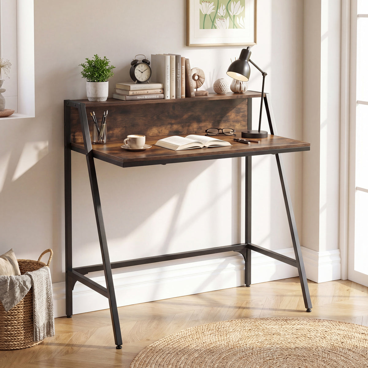 Industrial Desk With Raised Shelf, 31.5", Rustic Brown Computer Desks at Gallery Canada